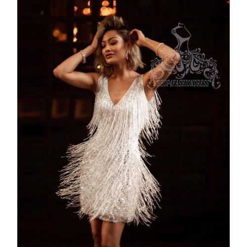 Glitter White Tassel Beading Cocktail Dresses Charming V-neck Sleeveless Short Celebrity Party Gown Custom made Sukienki