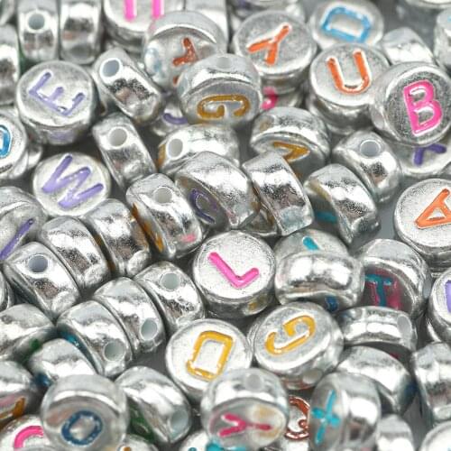 200pcs Colorful Alphabet Silver Plated Acrylic Beads Round Loose Spacer Beads For Jewelry Making Diy children Bracelet Necklace