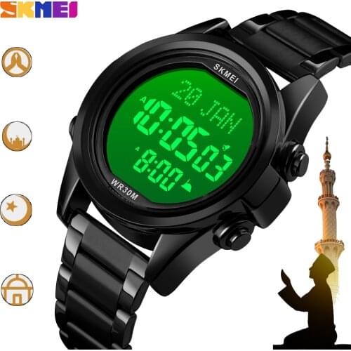 SKMEI New Digital Watches For Muslim Men Qibla Time Prayer Clock Electronic Steel Male Bracelet Wristwatch Gifts reloj hombre