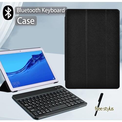 For Huawei MediaPad T3 10 9.6"/MediaPad T5 10 10.1" Tablet Case PU Leather Tri-fold Bracket Cover + Bluetooth Keyboard