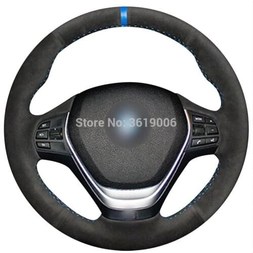 For BMW F30 320i 328i 320d F20 Hand-stitched Anti-Slip Black Suede Blue Marker DIY Steering Wheel Cover