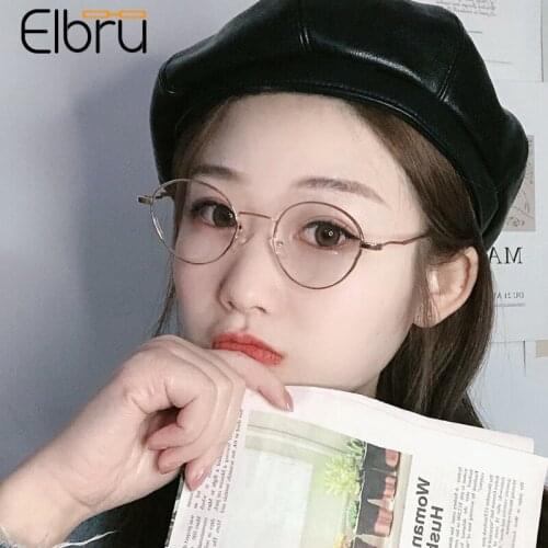 Elbru Anti Blue Light Myopia Glasses Women Men Fashion Ultralight Small Round Metal Shortsighted Eyeglasses Diopters -1.0 -4.0