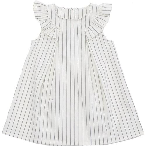 Hollead Girl Striped Dress Petal Sleeve Round Neck Casual Dresses With Back Buttons 2021 Summer 100% Cotton Children Clothing