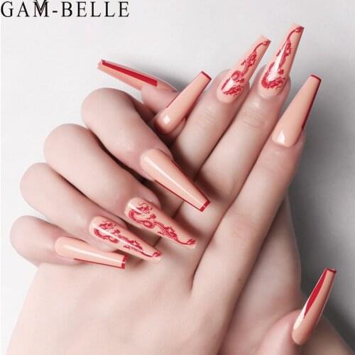 GAM-BELLE French Long Coffin Fake Nails Red Chinese Dragon Pattern Artificial False Nails with Designs Manicure Accessories