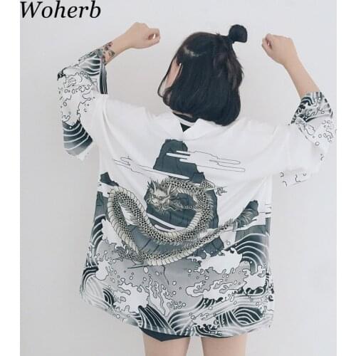 Woherb Summer Harajuku Kimono Woman Clothes Japanese Kimonos Cardigan Print Vintage Dragon 2021 Sun Protection Coat 21001