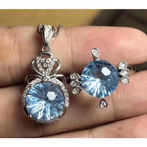 Personality Natural blue Fireworks topaz gem crown Pendant ring Natural Gemstone Jewelry Set 925 Silver Women girl party jewelry