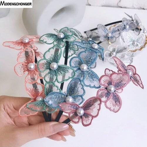 Fashion Lace Mesh Hairbands Butterfly Headband Women Net Yarn Pearls Head Hoop Hair Accessories Butterflies Hair Hoop Headwear