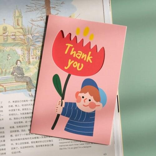 Cartoon Cute Boy Girl Flower Thank You Greeting Card Envelope Holiday Wishes Gift Letter Paper Student Stationery Writable