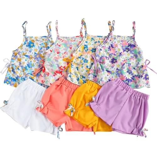 New Girls Clothing Set Flower Print Sleeveless Sling Tops and Shorts Two-piece Suit for Vacation Birthday Party