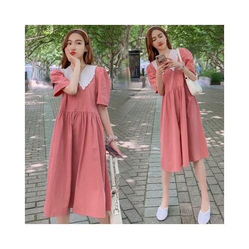 Maternity wear summer new French retro lace stand collar dress fashion pregnant women solid color fresh long dress