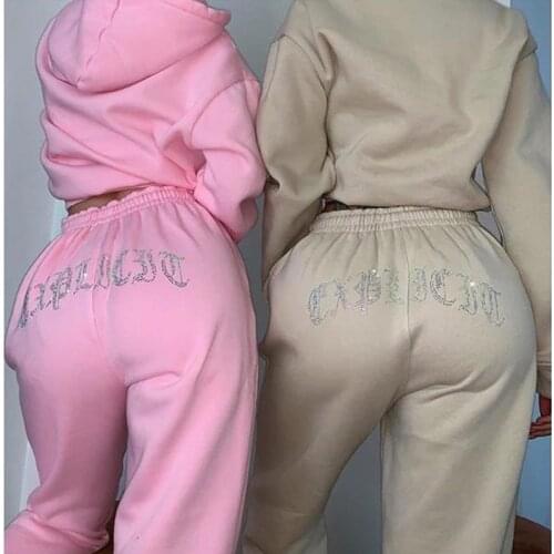 Autumn Winter Tracksuit Fleece Women Hoodies Two Piece Set Loose Rhinestones Letter Sweatshirt Solid Casual Jogging Outfits