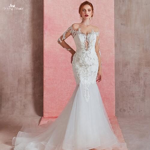 RSW1581 Sexy Sheer O-neck Long Sleeve Mermaid Wedding Dress 2019 See Through Illusion Back Bridal Gowns With Lace Applique