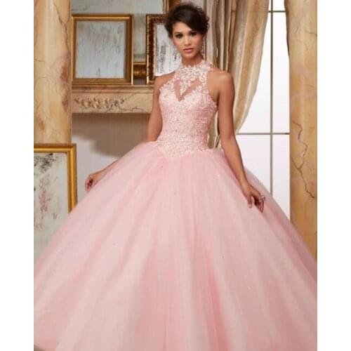 Pink Cheap Quinceanera Dresses Ball Gown Halter Tulle Appliques Lace Beaded Sweet 16 Dresses