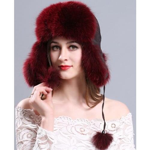 Hot Sale 100% Real Fox Fur Womens Russian Aviator Trapper Snow Skiing Hat Caps Earflap Winter Raccoon Fur Bomber Hat L#74