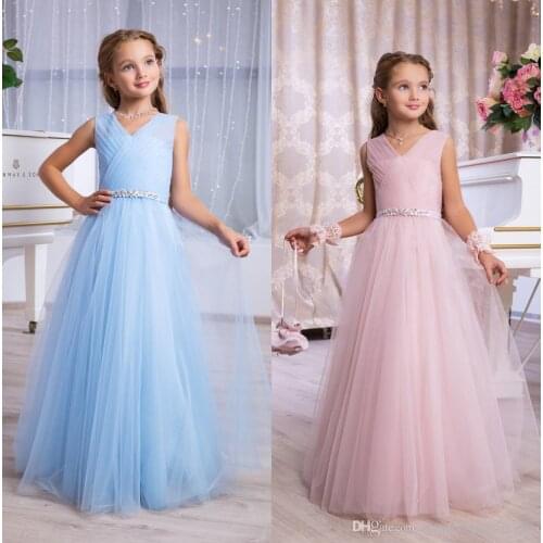 Light Sky Blue & Blush Pink Little Girls Formal Event Wear Dresses 2019 Pleated V Neck Long Junior Bridesmaid Gowns Cute Flower
