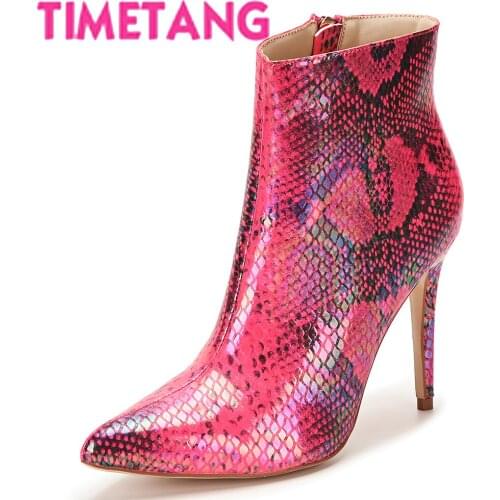TIMETANG New Arrival High Street Fashion Short Top Woman Ankle Boots Asymmetrical Snake Prints Thin Heel Women Shoes Plus Size 3