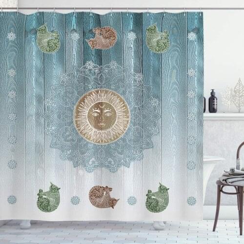 Pale Grey Hippie Shower Curtain Sun Figure Cats Totem Bohemian Style Old Display Illustration Print Bathroom Curtain