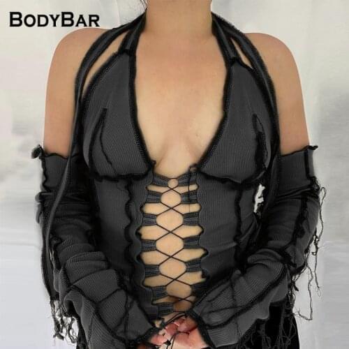 Lace Up Cross T Shirt Patchwork Hollw Out Tanks Tops For Women Halter Backless Streetwear 2021 Spring Summer T-shirts Clubwears