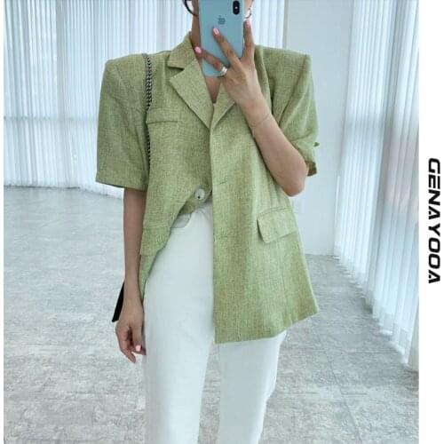 Genayooa Short Sleeve Blazers For Women Formal 2021 Summer Korean Style Elegant Women Blazer Feminino Ladies Jacket Coat Chic