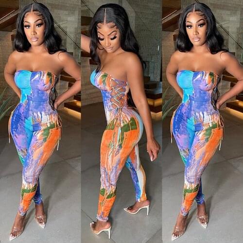 Echoine Tie Dye Print Strapless Jumpsuit Sexy Skinny Side Lace Up Bandage Lace Up Rompers Party Night Clubwear Overalls Playsuit