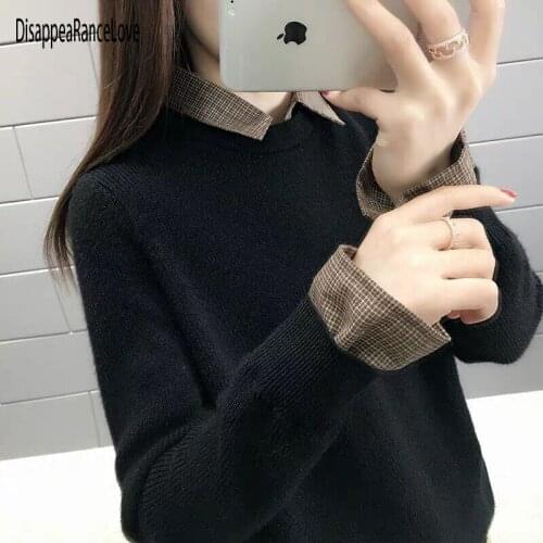 Women Winter Solid Color Sweater Long Sleeve Fake Two Pieces Soft Handfeel Holiday Stylish Sweater Top Blouse