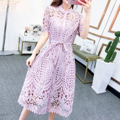 Elegant Fashion Summer Runway Womens Clothing Pleated Stand Collar Short Sleeve Single Breasted Midi Polka Dot Lace Dress Shirt