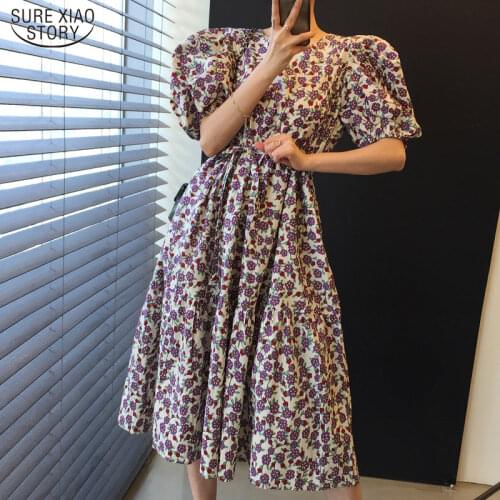 Summer Vintage Women Dress 2021 Korean Purple Green Floral long Dress Square Collar Puff Sleeve Party Dresses Vestidos 15685