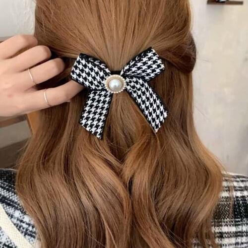 1PCS Korean Classic Black Red Plaid Elastic Bow with Pearl Hair Ties Hairbands Women Girls Hair Rope Accessories Scrunchies