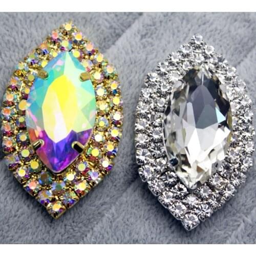 2pcs 30*50mm Crystal AB Marquise Glass Sew On Rhinestone With 4 Holes FlatBack Stone Metal Silver Gold Base Sewing On Clothes