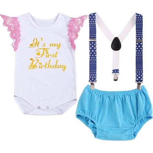 3pcs Set Baby Girl Clothes First Birthday Party Unicorn Flower Sleeveless Lace Bodysuit Suspenders Pants Baby Cake Smash Outfit