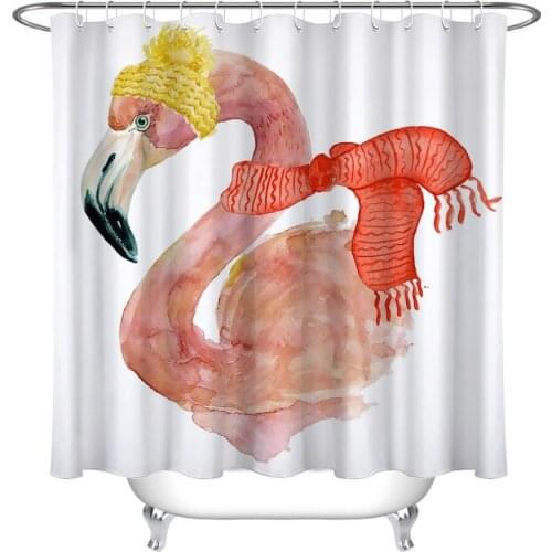 72'' Christmas Pink Flamingo With Yellow Hat Red Scarf Bathroom Waterproof Fabric Shower Curtain 12 Hooks Bath Accessory Sets