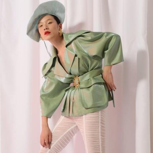 Spring autumn Fashion brand fake two pieces Pu leather jacket Ladies Street style motorcar PU Leather Jacket with belt wq2406