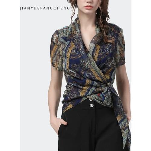 Fashion Vintage Printed Chiffon Blouse Women Thin Short Sleeve Summer Tops V-neck Sashes Lace-up Ladies Casual Office Shirts