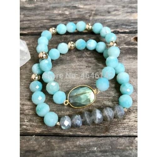 Boho Faceted Amazonite And Labradorite Stones Gold Spacer Beads Stretch Stack Bracelet