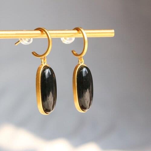 Natural Hetian Jade Dark Jade Oval Geometric Earrings S925 Sterling Silver Imperial Palace Ancient Gilding Craft Stud Earrings O