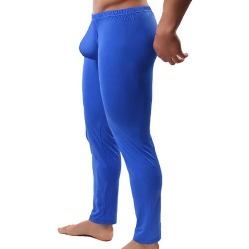 Sexy Mens Long Johns Ultra-Thin Ice Silk Protruding Penis Pocket Gay Underwear Home Lounge Trousers Low Rise Tight Hip Leggings