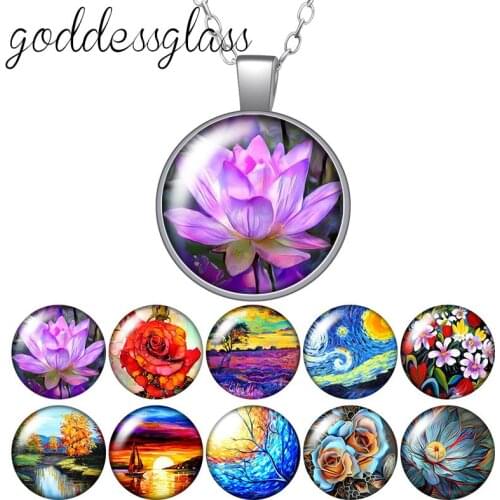 Oil paintings Flowers Lotus scenery Sunset Round Glass glass cabochon silver plated/Crystal pendant necklace jewelry for Gift