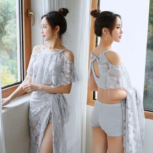 Bikini Sets Womens 3 Piece Summer Swimsuits Spliced Hollow Out Lace Up Off Shoulder Korean Stylish Thin Safety Elegant Swimwears