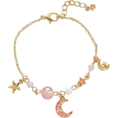 Korean Style Small Star Moon Charm Bracelet Simple Pearl Crystal Beads Pink Moon Bracelet for Female Kids Children Hand Jewelry