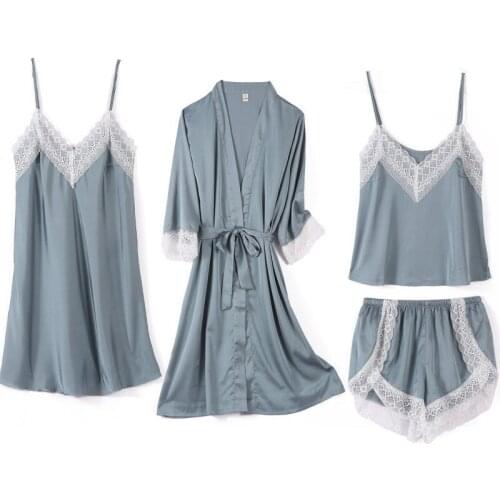 Lace Patchwork Satin Women Robe Set Bride Wedding 4PCS Nightgown Sexy Backless Strap Top Nightgown Lace Flower Trim Nightdress