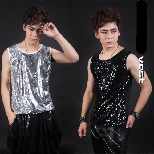 Fashion Mens Slim Sequined sleeveless Basic shirt Nightclub Male Singer DJ DS Vest Costume equipment Show stage wear