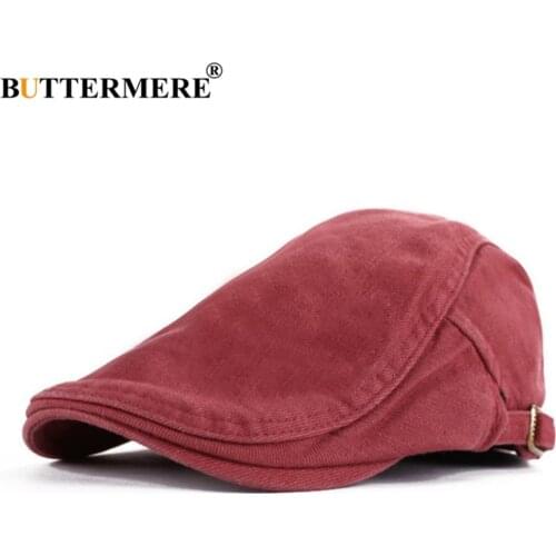 BUTTERMERE Cotton Flat Cap Beret Hat For Men Spring Summer Newsboy Cap Adjustable Red Gray Khaki Flat Brim Men Berets Cap