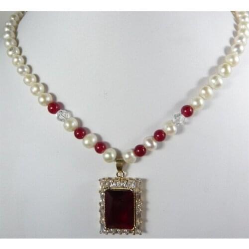 Natural Genuine 7-8MM Freshwater Pearl red jade bead Necklace+crystal Pendant