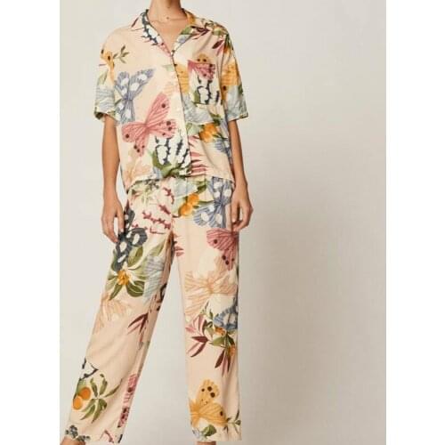 New Butterfly Printing Pajamas Turn-down Collar Womens Luxury Sexy Clothes Rayon Short-Sleeved Trousers Casual Pijama 2 Piece