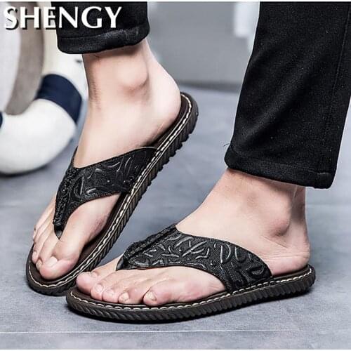New Mens Flip Flops Summer Slippers Men High Quality Outdoor Non Slip Flat Sandal Men Pu Leather Brand Comfortable Male Beach