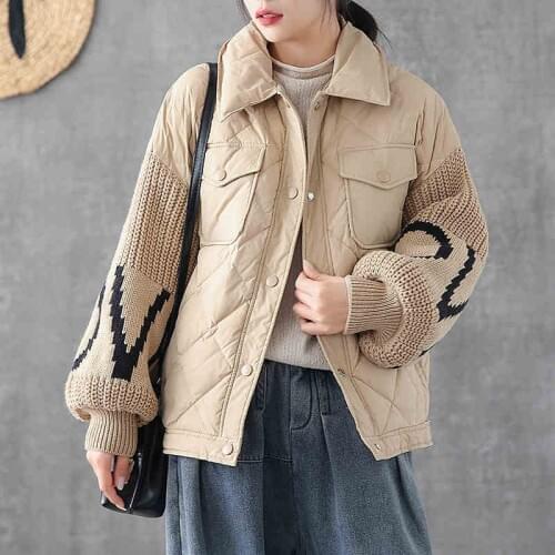 2020 New plus size Lantern Sleeve Patchwork Winter down jacket women black/Khaki Womens Down coat Casual Female Loose Outwear