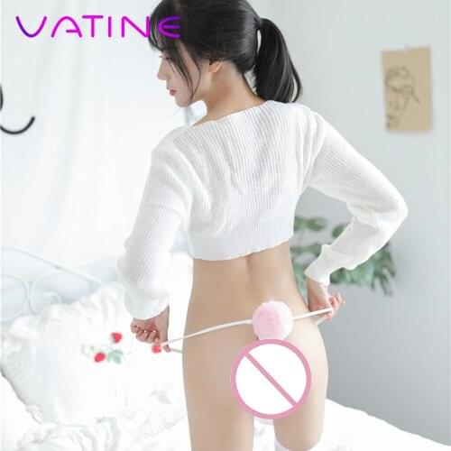 VATINE Sexy Apparel Removable Rabbit Hair Ball Panties Erotic Underwear T-back Underpants Exotic Lingerie G String Cotton Thong