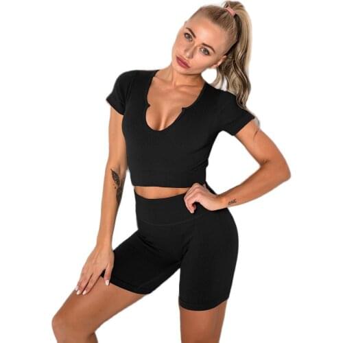 Sexy Stretchy Yoga Set Black Sport Suit Seamless Biker Tights Women Fitness Shirt Shorts 2 Pcs Set Gym Running Workout Clothing