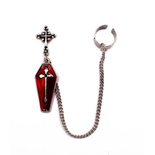 Fashion Unisex Parts Gothic Ancient Silver Color Red Drop Oil Cross Coffin Ear Stud Earring Single Ear Bone Free Shipping VGE062