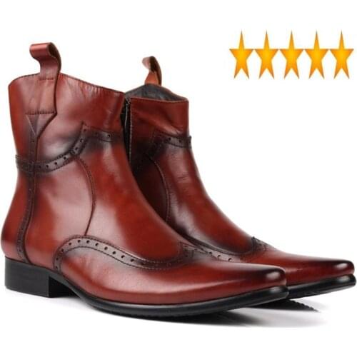 Top Winter Quality Men Genuine Leather Riding Boots Vintage Handmade Pointed Toe Punk Brogue Fashion Biker Shoes